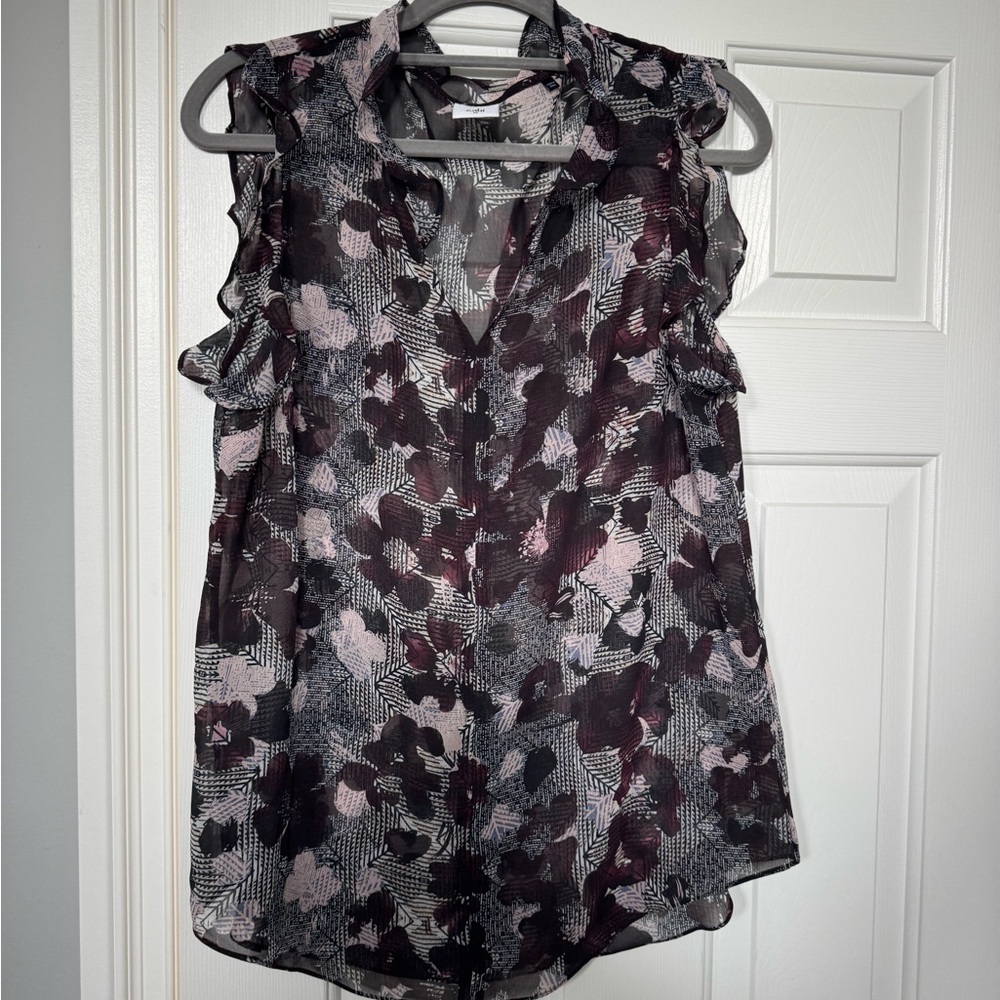 CAbi Sheer Floral Ruffle Sleeveless Top in Black and Dusty Pink